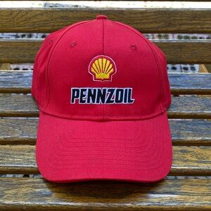 Pennzoil Shell full 6 panel baseball cap red adjustable back strap hat